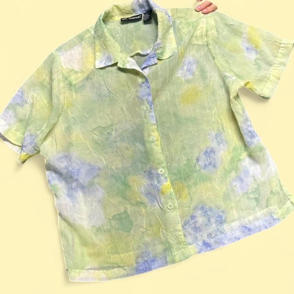 Mlle Gabrielle Vintage Sheer Pastel Watercolor Blouse Green Blue Yellow Size 18